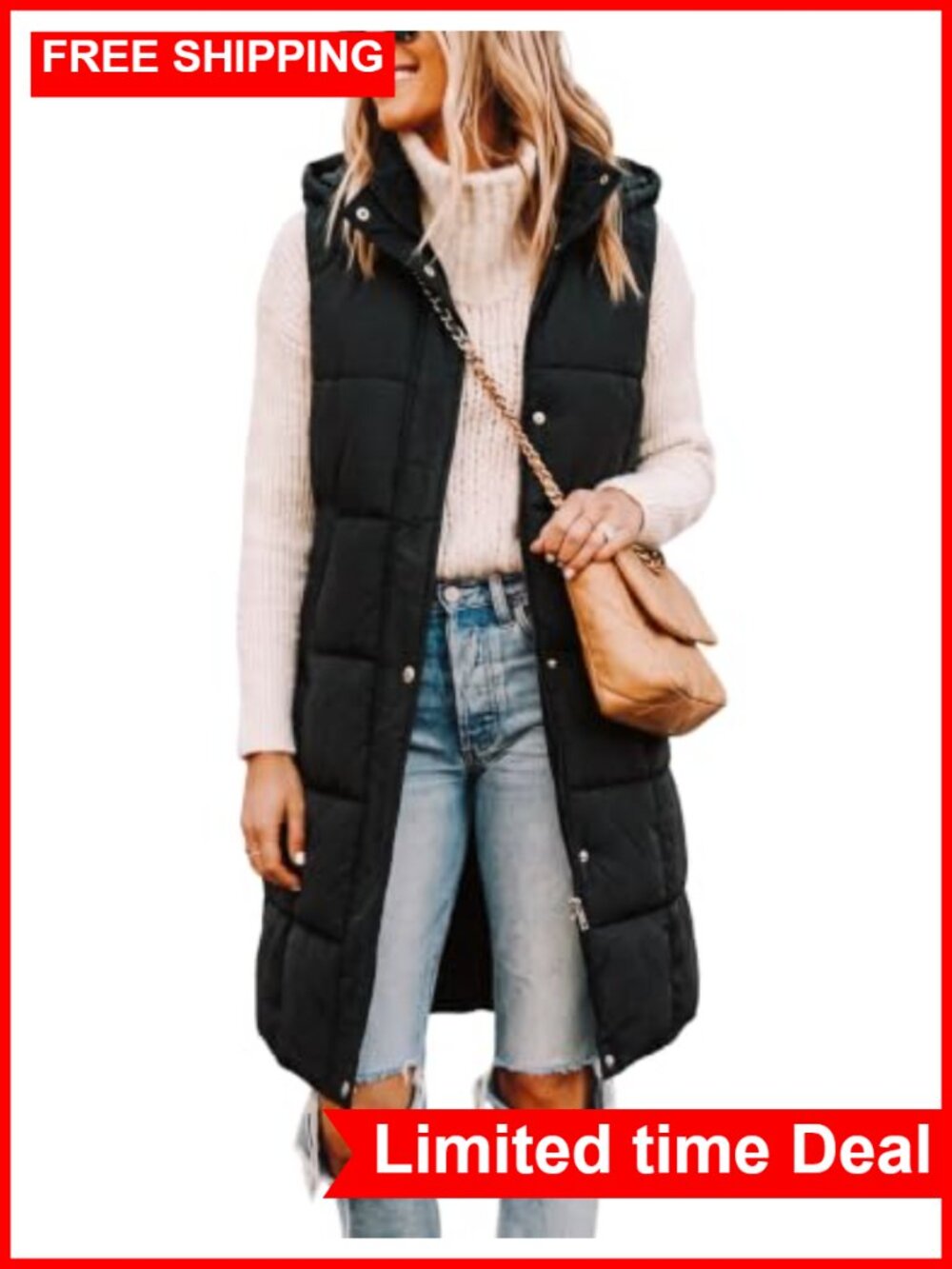 SCUSTY Womens Long Puffer Vest Sleeveless Quilted Hooded Zip Up Midweight